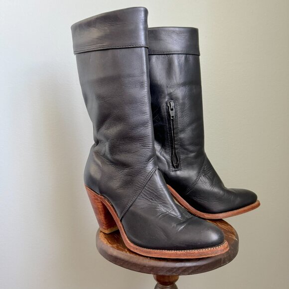 Frye Black Leather Stacked Heel Boots Vintage 1970s - Picture 4 of 14